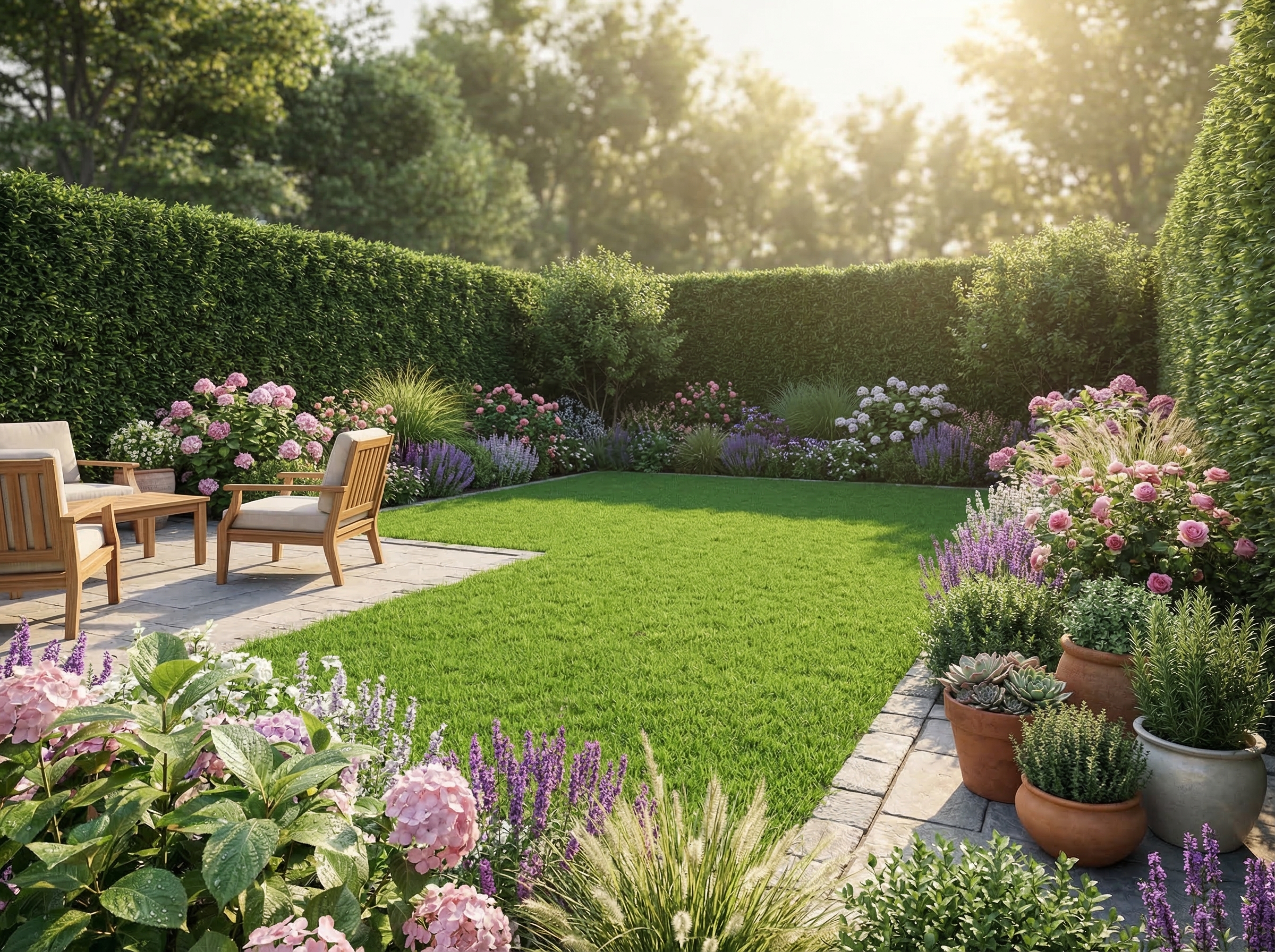 Beautiful AI-generated garden design with lush flowers and greenery